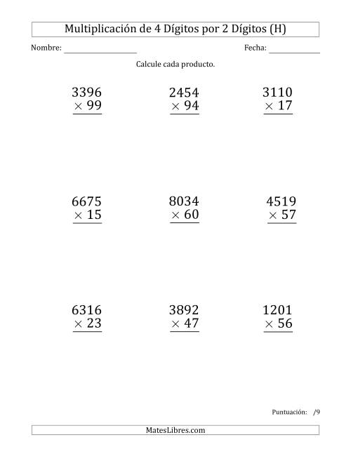 La hoja de ejercicios de Multiplicar Números de 4 Dígitos por 2 Dígitos (Formato Grande) (H)