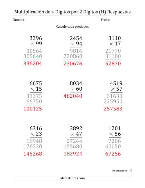 La hoja de ejercicios de Multiplicar Números de 4 Dígitos por 2 Dígitos (Formato Grande) (H) Página 2