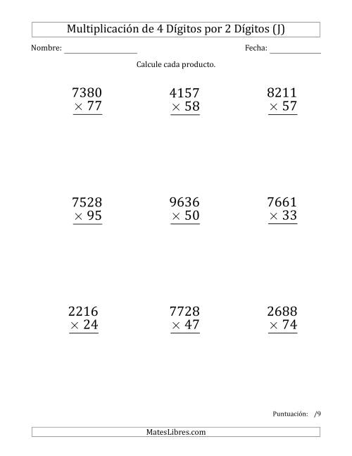 La hoja de ejercicios de Multiplicar Números de 4 Dígitos por 2 Dígitos (Formato Grande) (J)