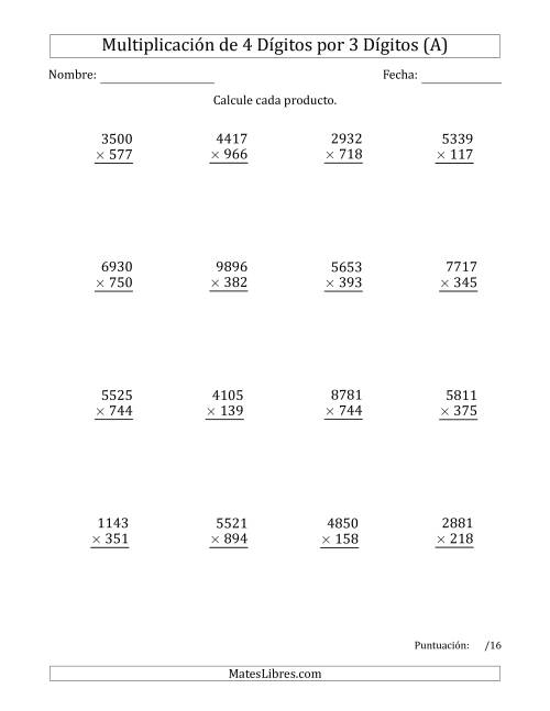 La hoja de ejercicios de Multiplicar Números de 4 Dígitos por 3 Dígitos (A)