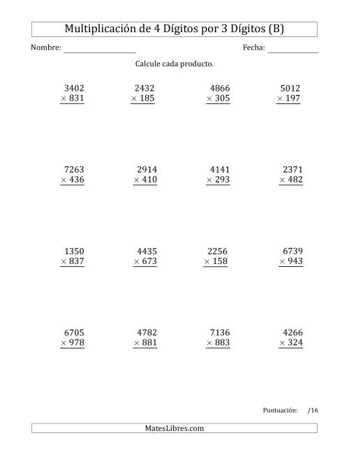La hoja de ejercicios de Multiplicar Números de 4 Dígitos por 3 Dígitos (B)