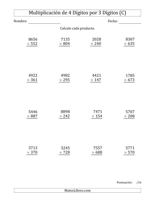 La hoja de ejercicios de Multiplicar Números de 4 Dígitos por 3 Dígitos (C)