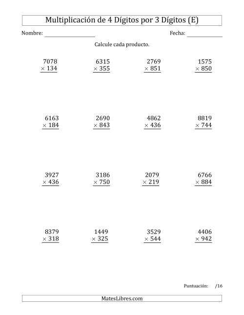 La hoja de ejercicios de Multiplicar Números de 4 Dígitos por 3 Dígitos (E)