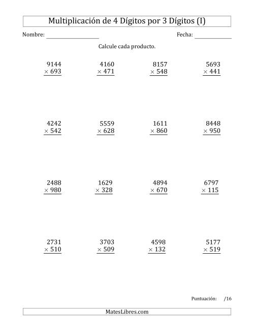 La hoja de ejercicios de Multiplicar Números de 4 Dígitos por 3 Dígitos (I)