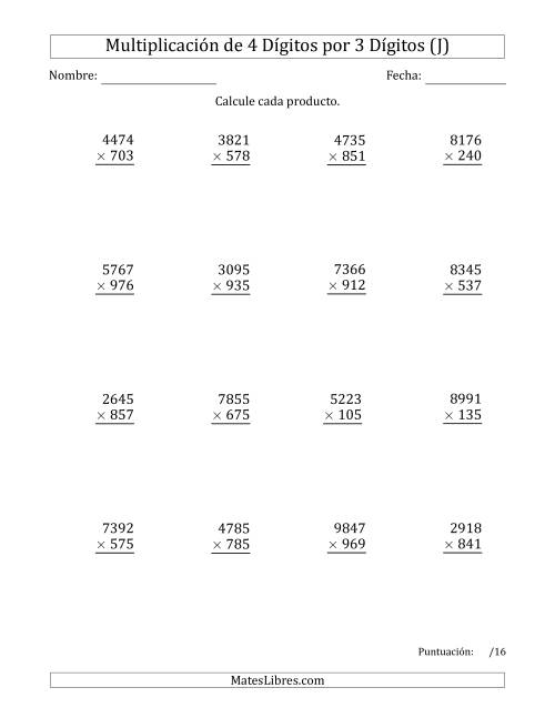 La hoja de ejercicios de Multiplicar Números de 4 Dígitos por 3 Dígitos (J)
