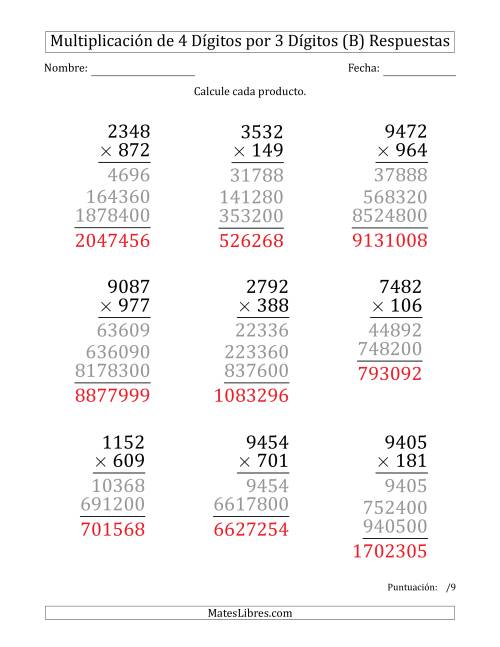 La hoja de ejercicios de Multiplicar Números de 4 Dígitos por 3 Dígitos (Formato Grande) (B) Página 2