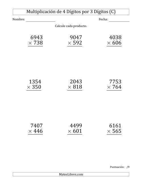 La hoja de ejercicios de Multiplicar Números de 4 Dígitos por 3 Dígitos (Formato Grande) (C)