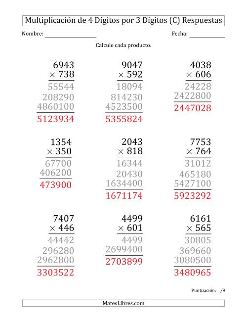 La hoja de ejercicios de Multiplicar Números de 4 Dígitos por 3 Dígitos (Formato Grande) (C) Página 2