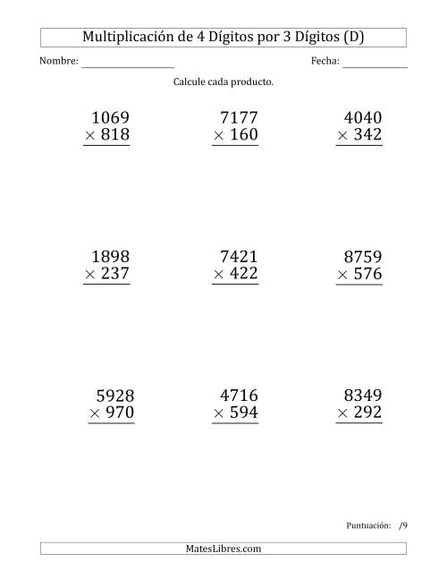 La hoja de ejercicios de Multiplicar Números de 4 Dígitos por 3 Dígitos (Formato Grande) (D)