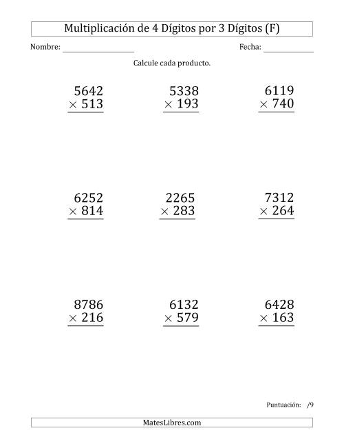 La hoja de ejercicios de Multiplicar Números de 4 Dígitos por 3 Dígitos (Formato Grande) (F)