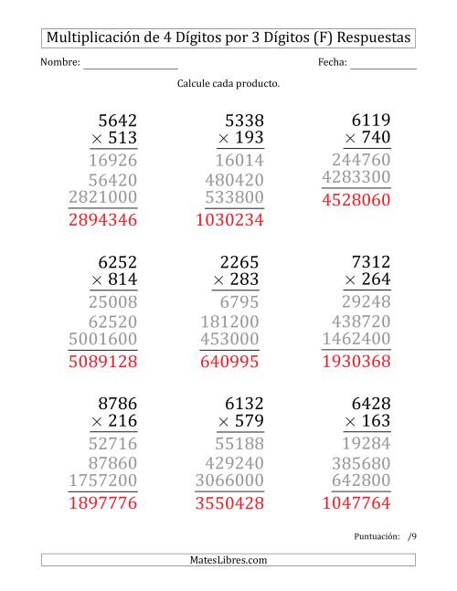 La hoja de ejercicios de Multiplicar Números de 4 Dígitos por 3 Dígitos (Formato Grande) (F) Página 2