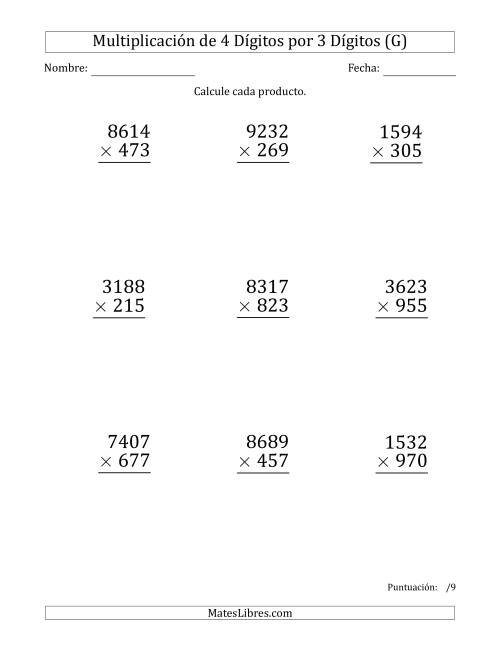 La hoja de ejercicios de Multiplicar Números de 4 Dígitos por 3 Dígitos (Formato Grande) (G)