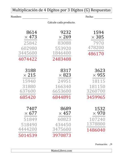 La hoja de ejercicios de Multiplicar Números de 4 Dígitos por 3 Dígitos (Formato Grande) (G) Página 2