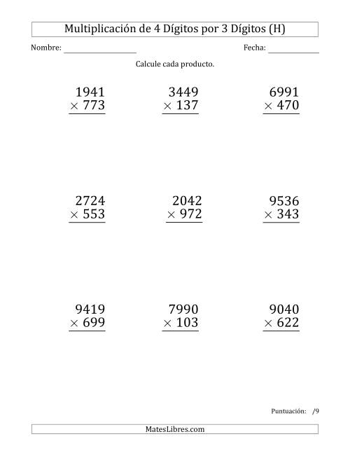 La hoja de ejercicios de Multiplicar Números de 4 Dígitos por 3 Dígitos (Formato Grande) (H)