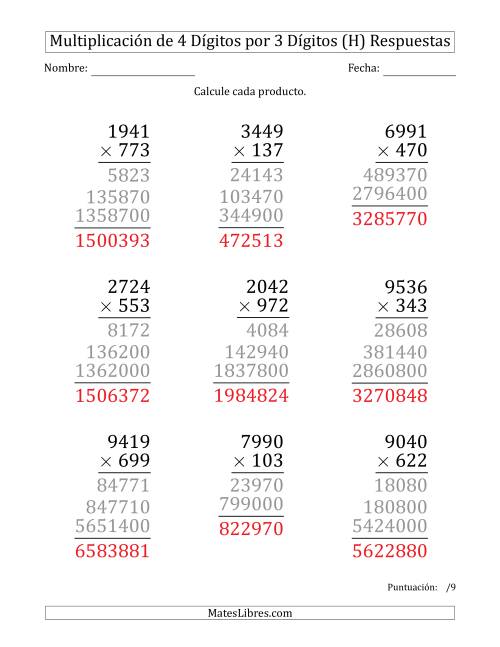La hoja de ejercicios de Multiplicar Números de 4 Dígitos por 3 Dígitos (Formato Grande) (H) Página 2