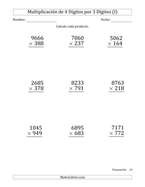 La hoja de ejercicios de Multiplicar Números de 4 Dígitos por 3 Dígitos (Formato Grande) (I)