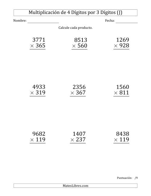 La hoja de ejercicios de Multiplicar Números de 4 Dígitos por 3 Dígitos (Formato Grande) (J)