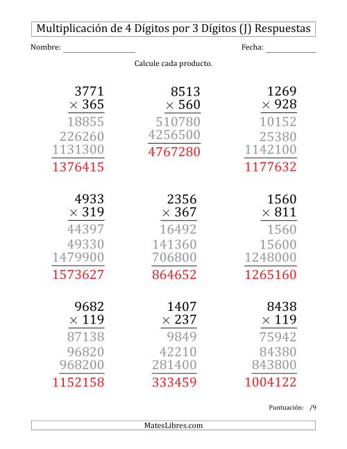 La hoja de ejercicios de Multiplicar Números de 4 Dígitos por 3 Dígitos (Formato Grande) (J) Página 2
