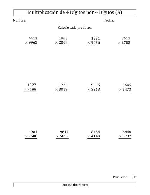 La hoja de ejercicios de Multiplicar Números de 4 Dígitos por 4 Dígitos (A)