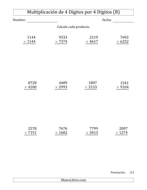 La hoja de ejercicios de Multiplicar Números de 4 Dígitos por 4 Dígitos (B)