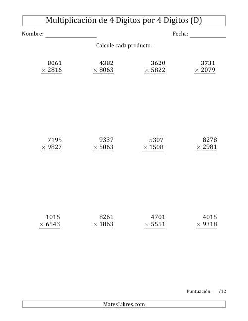 La hoja de ejercicios de Multiplicar Números de 4 Dígitos por 4 Dígitos (D)