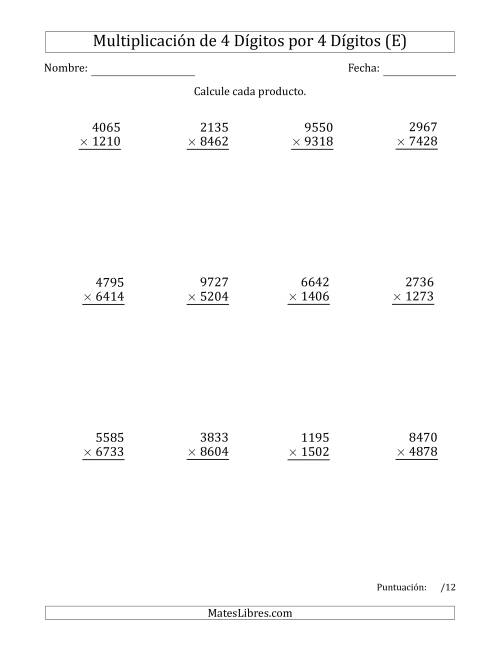 La hoja de ejercicios de Multiplicar Números de 4 Dígitos por 4 Dígitos (E)