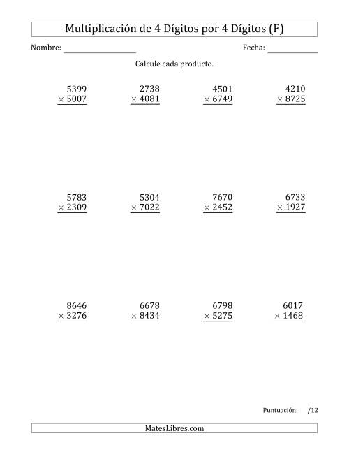 La hoja de ejercicios de Multiplicar Números de 4 Dígitos por 4 Dígitos (F)