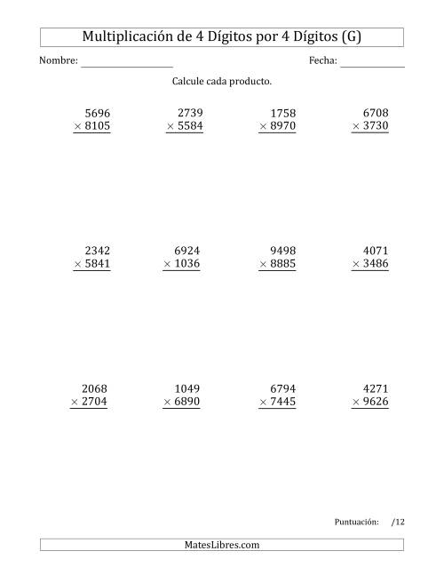 La hoja de ejercicios de Multiplicar Números de 4 Dígitos por 4 Dígitos (G)