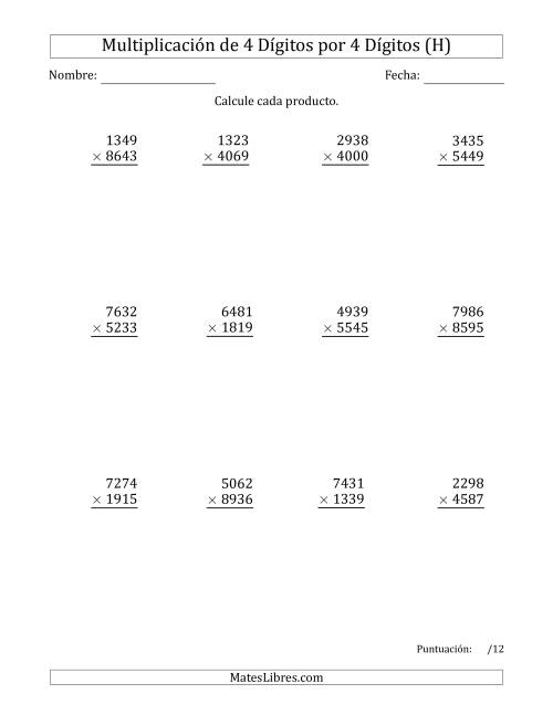 La hoja de ejercicios de Multiplicar Números de 4 Dígitos por 4 Dígitos (H)