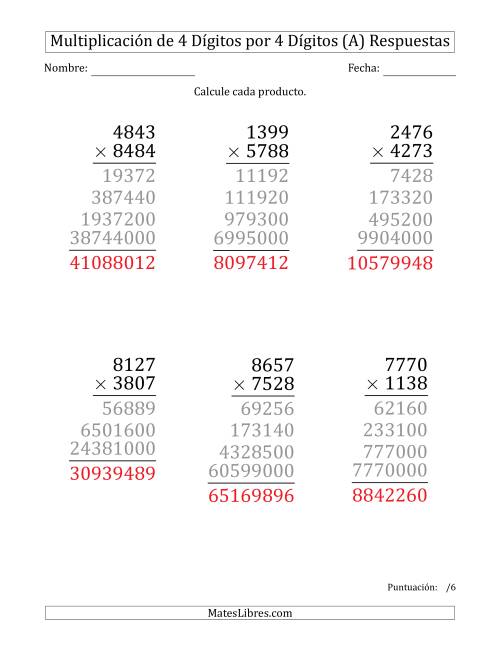 La hoja de ejercicios de Multiplicar Números de 4 Dígitos por 4 Dígitos (Formato Grande) (A) Página 2