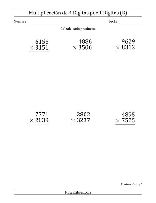 La hoja de ejercicios de Multiplicar Números de 4 Dígitos por 4 Dígitos (Formato Grande) (B)