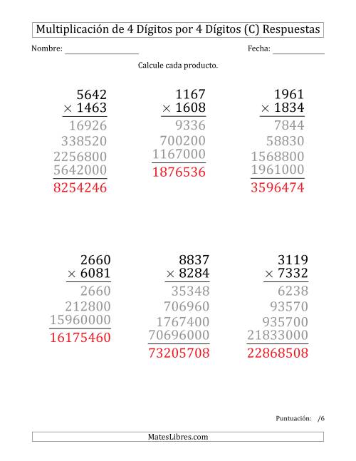 La hoja de ejercicios de Multiplicar Números de 4 Dígitos por 4 Dígitos (Formato Grande) (C) Página 2