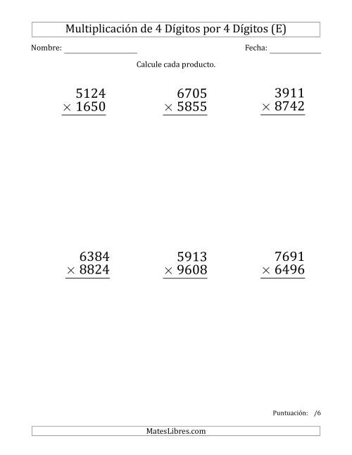 La hoja de ejercicios de Multiplicar Números de 4 Dígitos por 4 Dígitos (Formato Grande) (E)