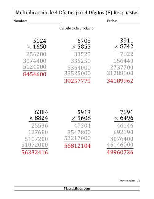 La hoja de ejercicios de Multiplicar Números de 4 Dígitos por 4 Dígitos (Formato Grande) (E) Página 2