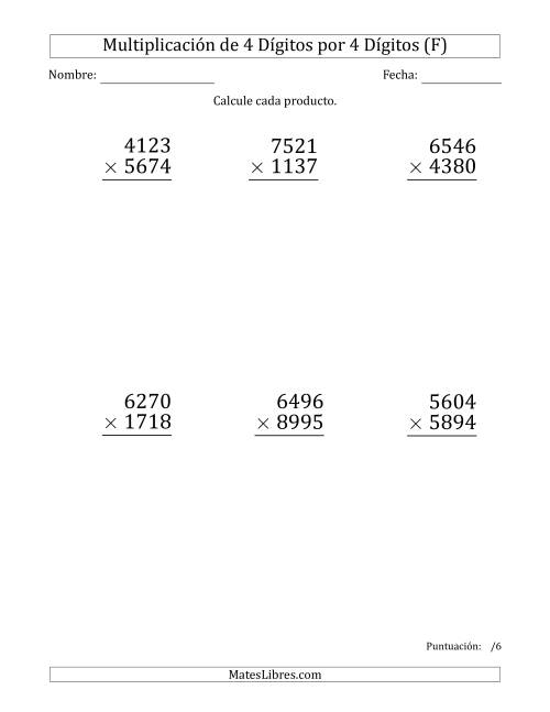 La hoja de ejercicios de Multiplicar Números de 4 Dígitos por 4 Dígitos (Formato Grande) (F)