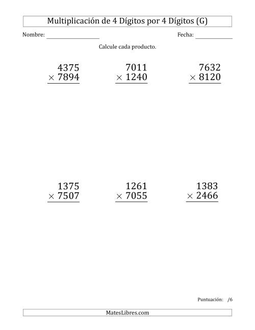La hoja de ejercicios de Multiplicar Números de 4 Dígitos por 4 Dígitos (Formato Grande) (G)