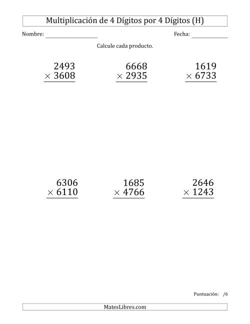 La hoja de ejercicios de Multiplicar Números de 4 Dígitos por 4 Dígitos (Formato Grande) (H)