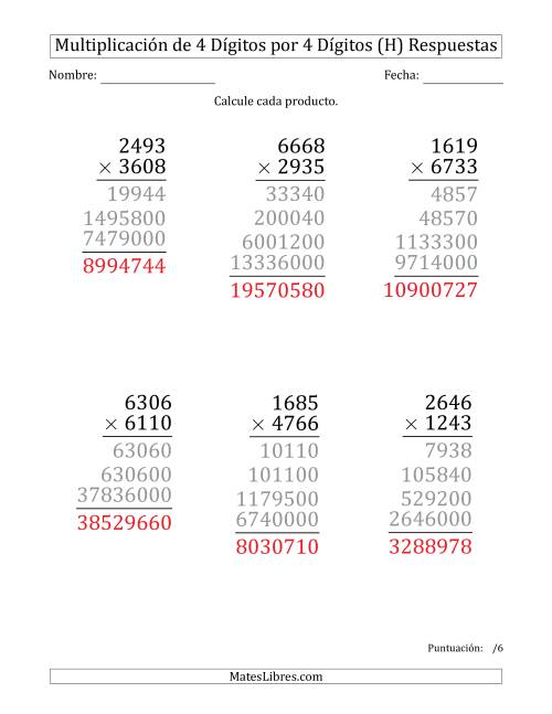 La hoja de ejercicios de Multiplicar Números de 4 Dígitos por 4 Dígitos (Formato Grande) (H) Página 2