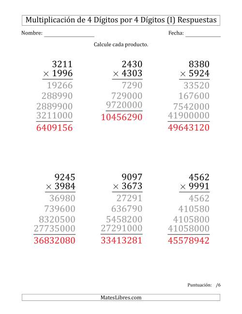 La hoja de ejercicios de Multiplicar Números de 4 Dígitos por 4 Dígitos (Formato Grande) (I) Página 2