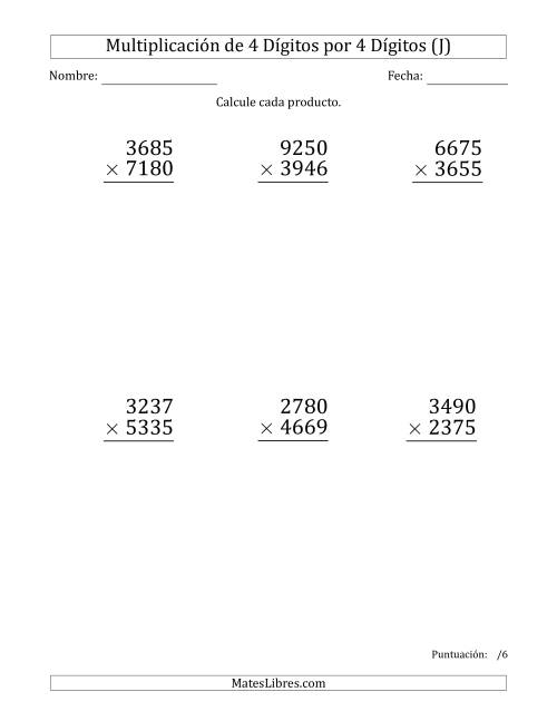 La hoja de ejercicios de Multiplicar Números de 4 Dígitos por 4 Dígitos (Formato Grande) (J)
