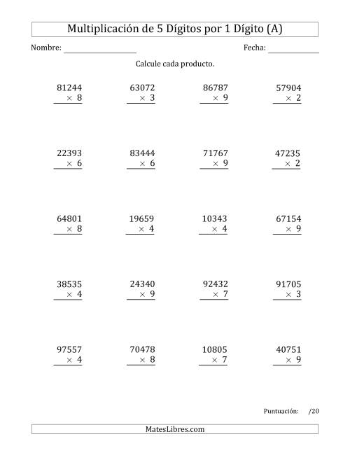La hoja de ejercicios de Multiplicar Números de 5 Dígitos por 1 Dígito (A)