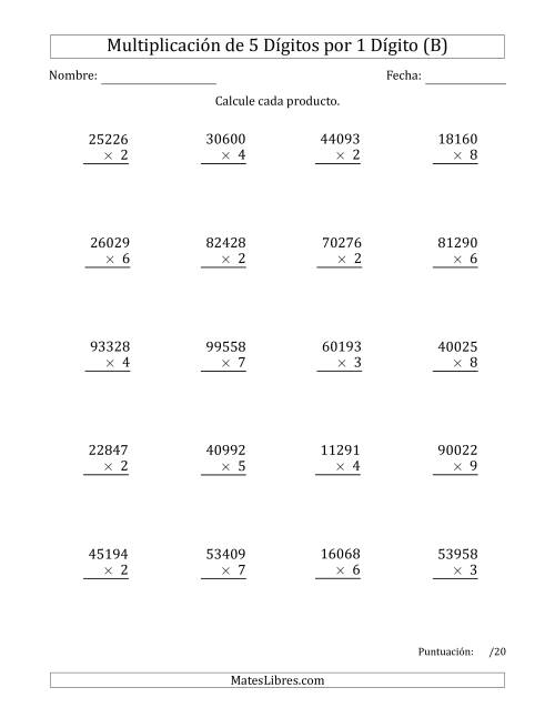 La hoja de ejercicios de Multiplicar Números de 5 Dígitos por 1 Dígito (B)