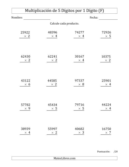 La hoja de ejercicios de Multiplicar Números de 5 Dígitos por 1 Dígito (F)