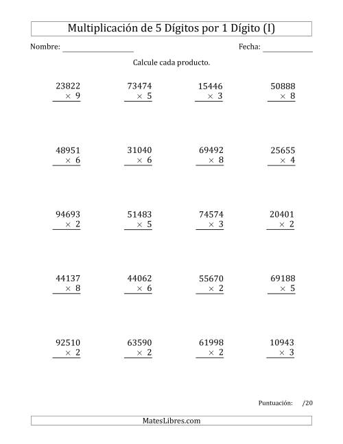 La hoja de ejercicios de Multiplicar Números de 5 Dígitos por 1 Dígito (I)