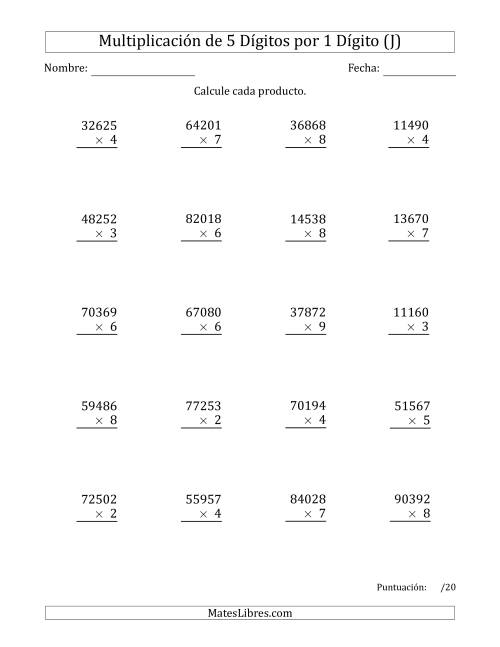 La hoja de ejercicios de Multiplicar Números de 5 Dígitos por 1 Dígito (J)