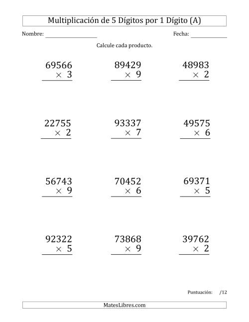 La hoja de ejercicios de Multiplicar Números de 5 Dígitos por 1 Dígito (Formato Grande) (A)