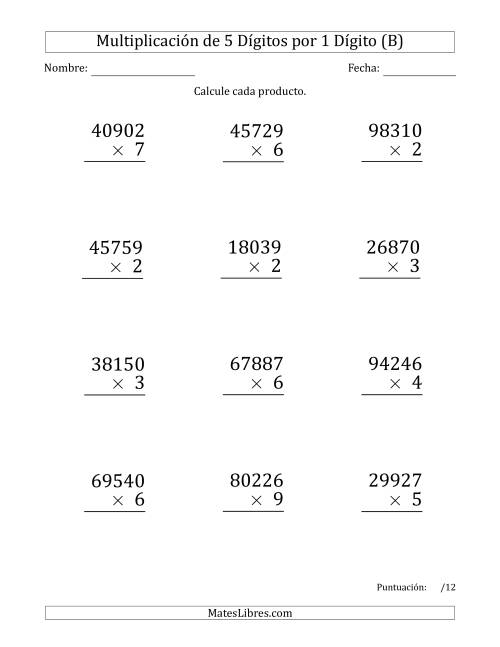 La hoja de ejercicios de Multiplicar Números de 5 Dígitos por 1 Dígito (Formato Grande) (B)