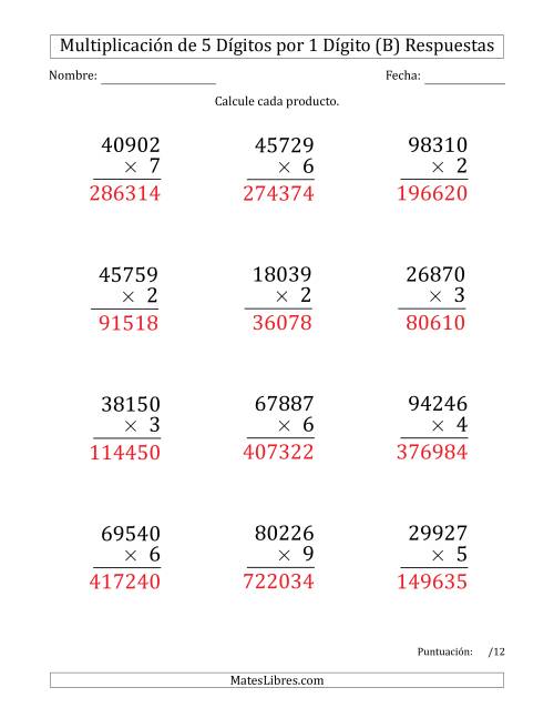 La hoja de ejercicios de Multiplicar Números de 5 Dígitos por 1 Dígito (Formato Grande) (B) Página 2