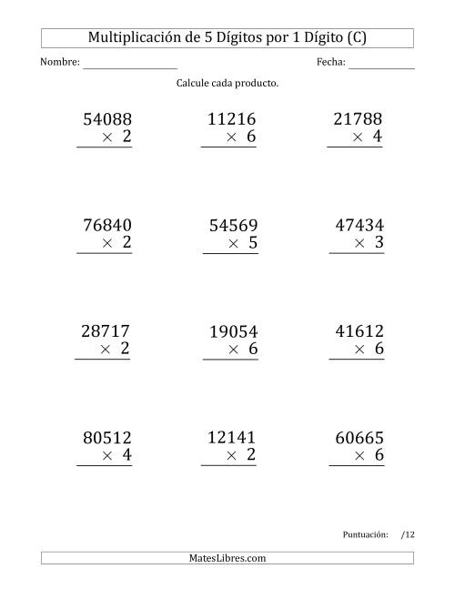 La hoja de ejercicios de Multiplicar Números de 5 Dígitos por 1 Dígito (Formato Grande) (C)