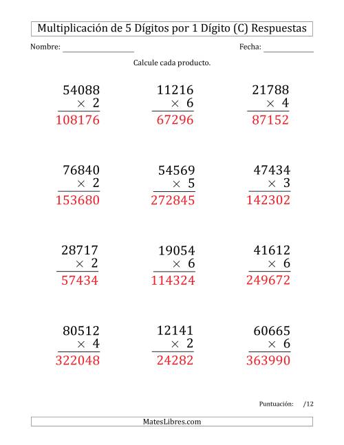 La hoja de ejercicios de Multiplicar Números de 5 Dígitos por 1 Dígito (Formato Grande) (C) Página 2